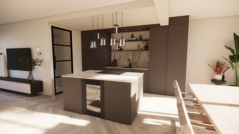 3D-ontwerp van een keuken met kookeiland, taupe fronten en hanglampen.