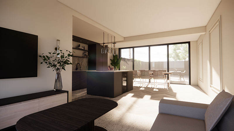 3D-ontwerp van een woonkamer met open keuken en groot schuifpui naar de tuin.
